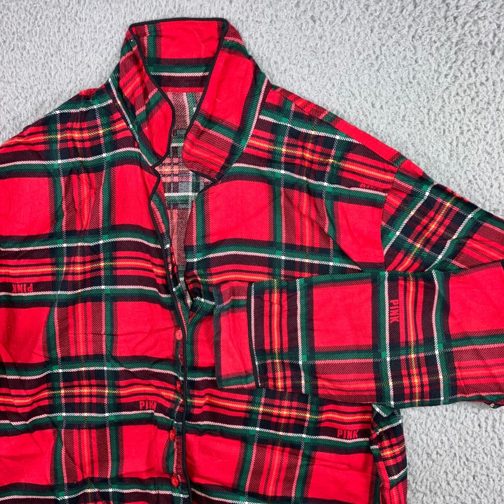 PINK Victoria's Secret Plaid Flannel Pajama Shirt Cropped Red Green Women Medium